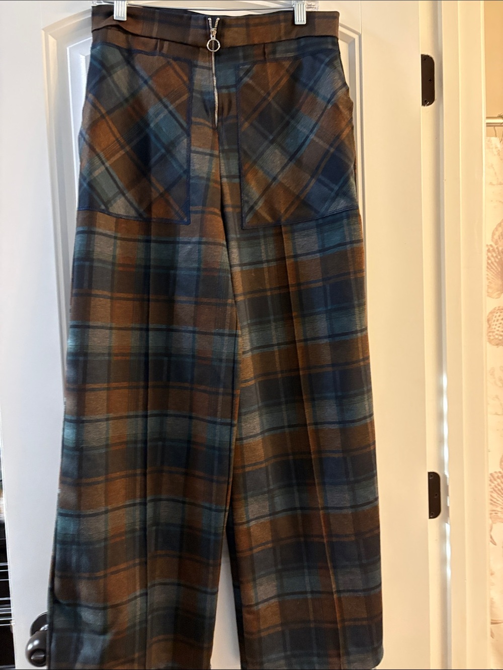 Zara Brown and Blue Plaid Boot Cut Pants